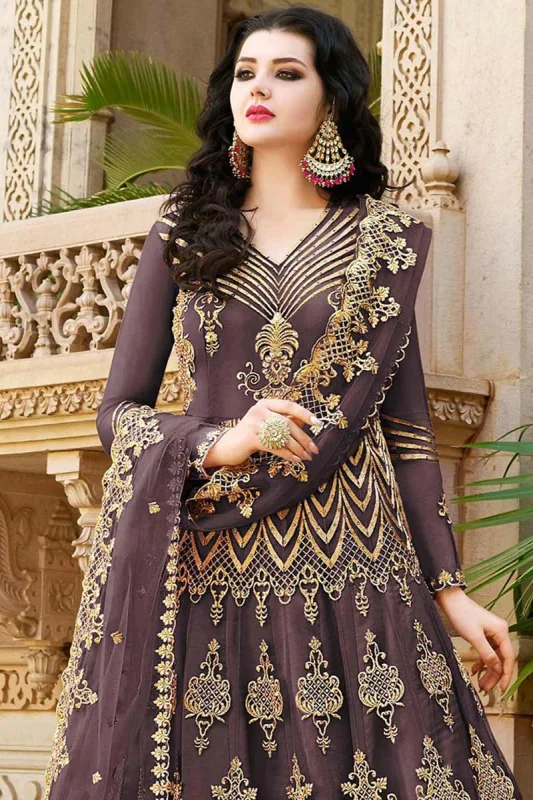 Premium Dark Coffee Indian Fabric Heavy Embroidery & Jori Work Ready-Made Anarkali Gown
