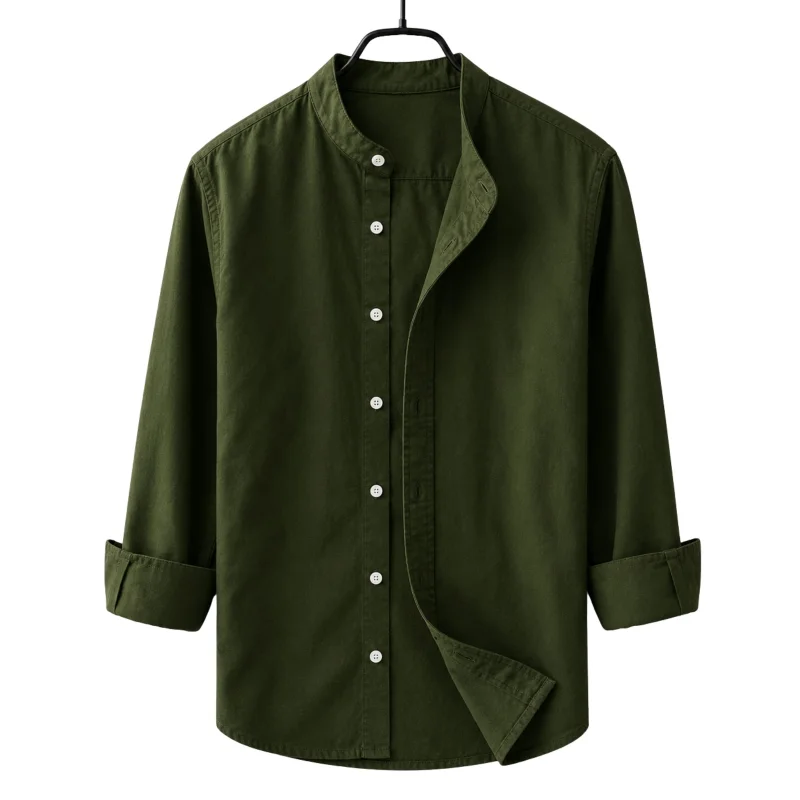 Men's Premium Quality Solid Band collar Long Sleeve Olive Color Shirt