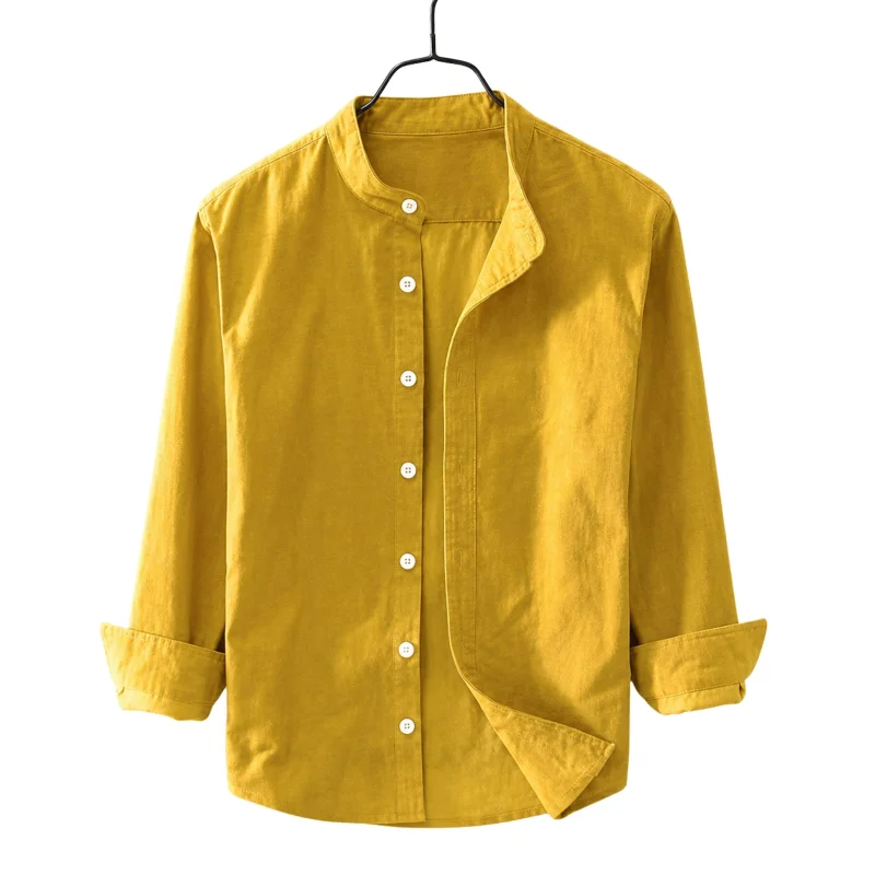 Men's Premium Quality Solid Band collar Long Sleeve Yellow Color Shirt