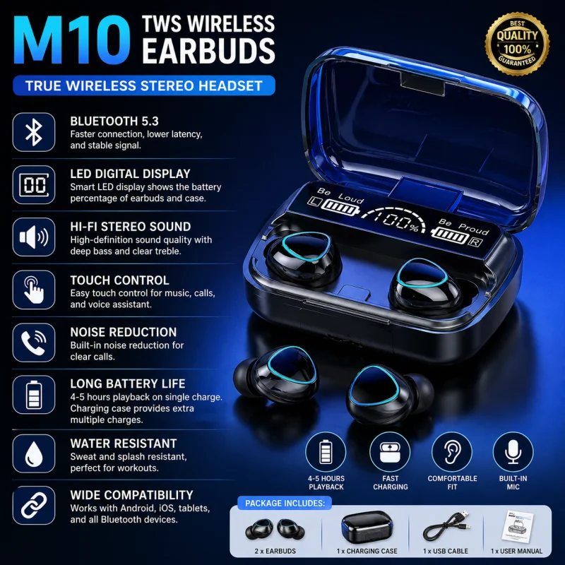 M10 TWS Wireless Earbuds (Bluetooth 5.3 Digital Display Headset)