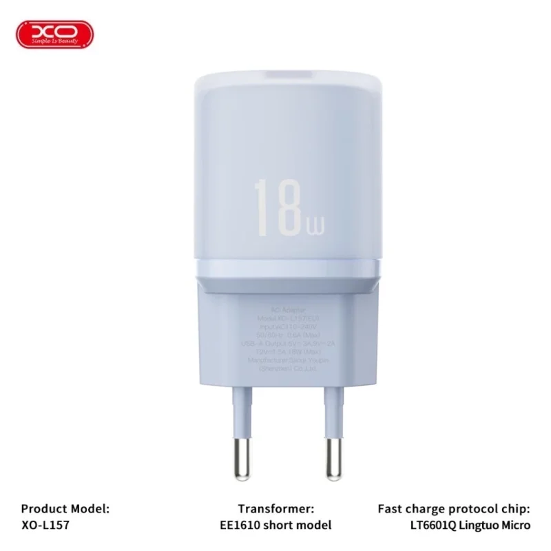XO‑L147 (EU) 20W Fast Charger Key Highlights • Dual-Port Convenience • Fast Charging Support • Compact and Lightweight • Compact and Lightweight Specifications • Model: XO-L147 • Input: AC 100–240V, 50/60Hz, 0.6A Max • Single Output: USB-C: 5V/3A, 9V/2.22